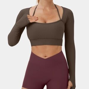 Halara Ribbed halter strap thumb hole cropped yoga sports top